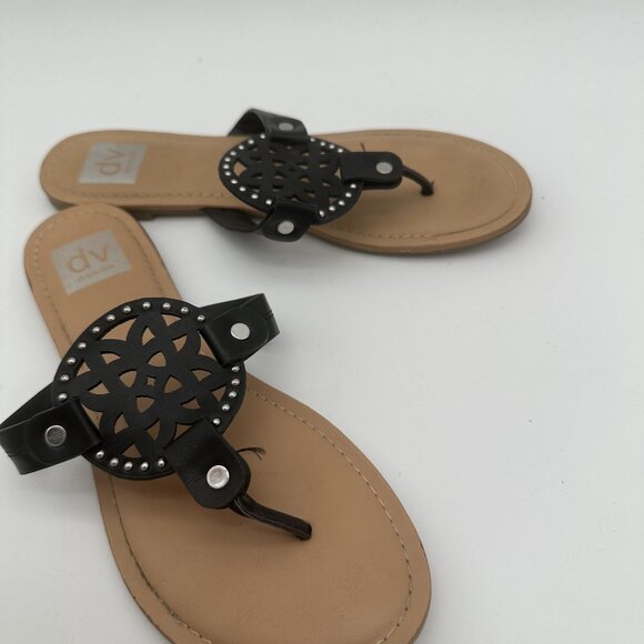 Dolce Vita Womens Size 8 Black Leather Sandals Studded Cutout Design Tan Soles - Picture 2 of 4